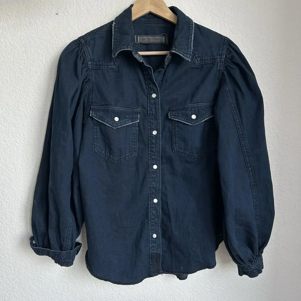 Free People With Love Snap Denim Western Shirt‎ Size XS Dark Cowgirl Puff sleeve